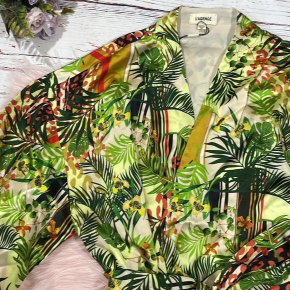 NWT L’AGENCE SILK Tropical Palm Print Kimono Wrap Tie Dress - Picture 4 of 9
